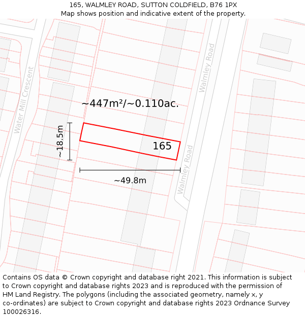 165, WALMLEY ROAD, SUTTON COLDFIELD, B76 1PX: Plot and title map