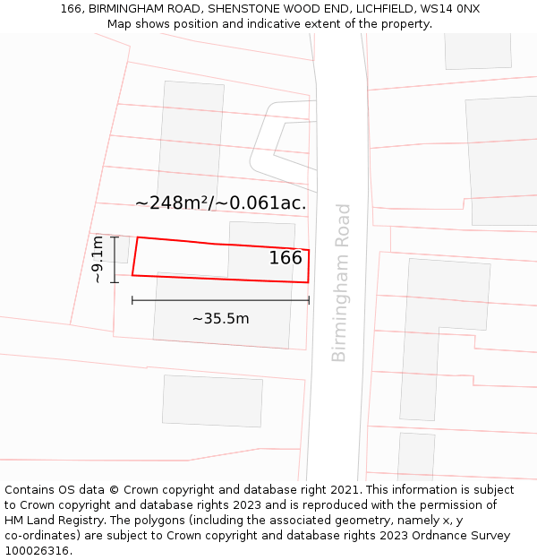 166, BIRMINGHAM ROAD, SHENSTONE WOOD END, LICHFIELD, WS14 0NX: Plot and title map