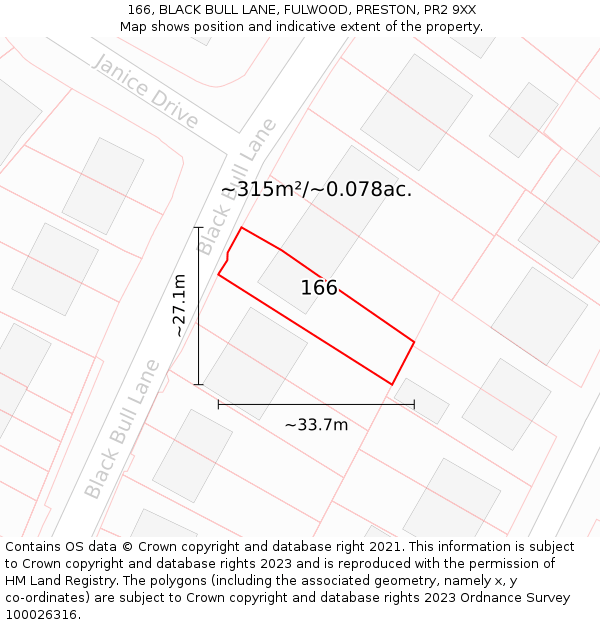 166, BLACK BULL LANE, FULWOOD, PRESTON, PR2 9XX: Plot and title map