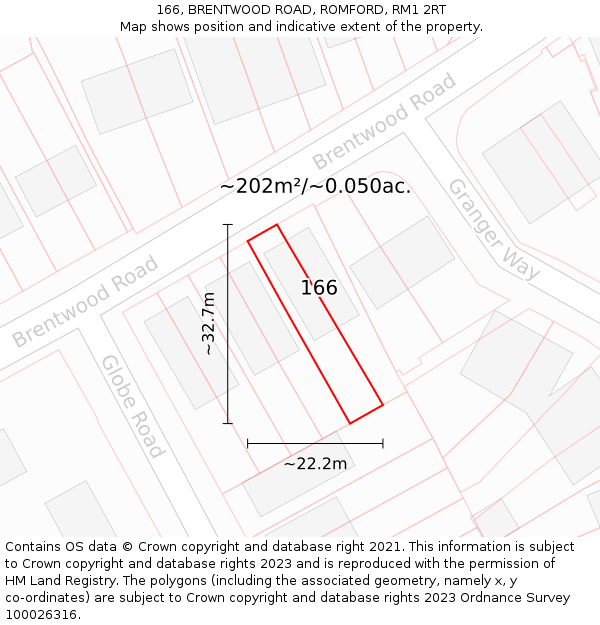 166, BRENTWOOD ROAD, ROMFORD, RM1 2RT: Plot and title map