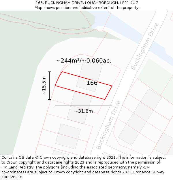 166, BUCKINGHAM DRIVE, LOUGHBOROUGH, LE11 4UZ: Plot and title map