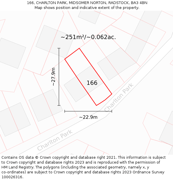 166, CHARLTON PARK, MIDSOMER NORTON, RADSTOCK, BA3 4BN: Plot and title map