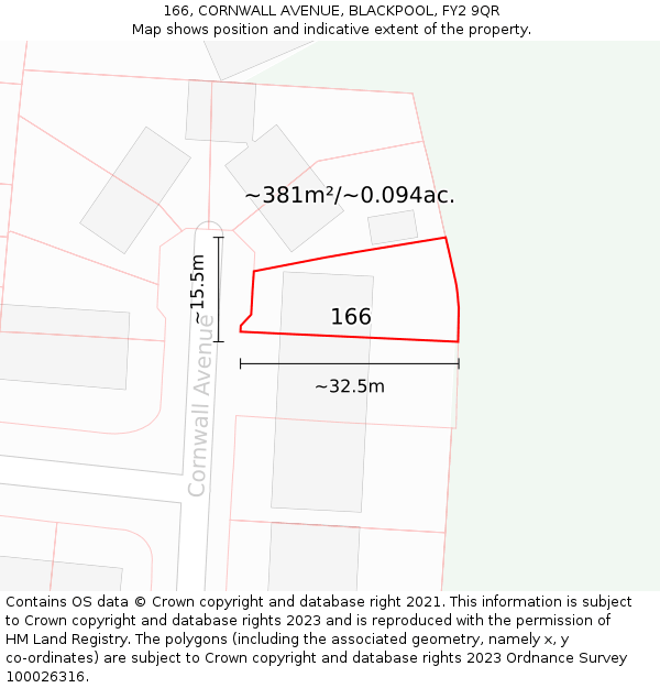 166, CORNWALL AVENUE, BLACKPOOL, FY2 9QR: Plot and title map