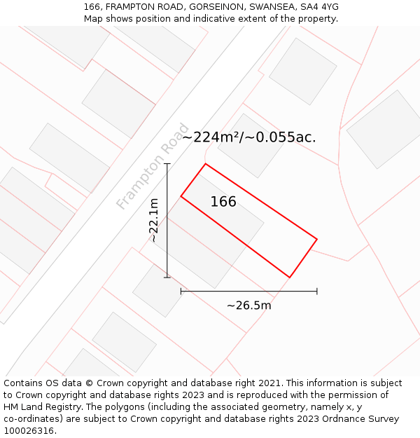 166, FRAMPTON ROAD, GORSEINON, SWANSEA, SA4 4YG: Plot and title map