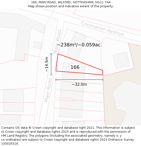 166, MAIN ROAD, WILFORD, NOTTINGHAM, NG11 7AA: Plot and title map