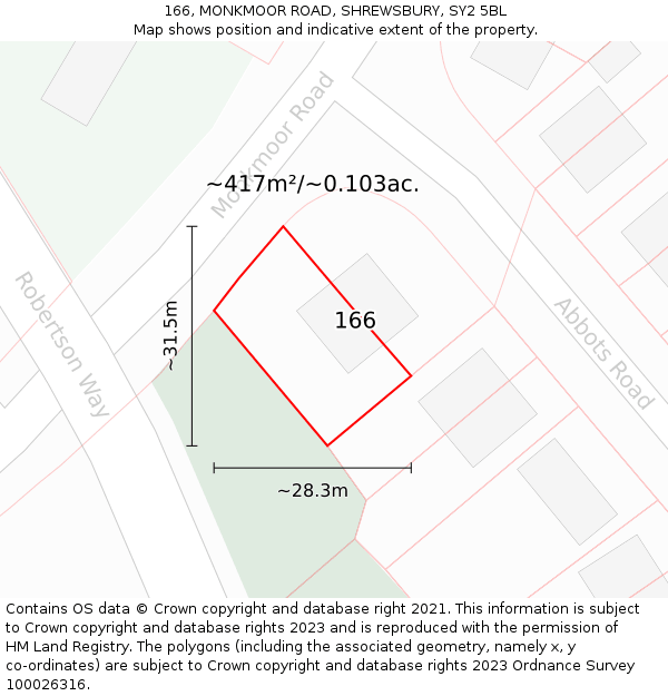 166, MONKMOOR ROAD, SHREWSBURY, SY2 5BL: Plot and title map