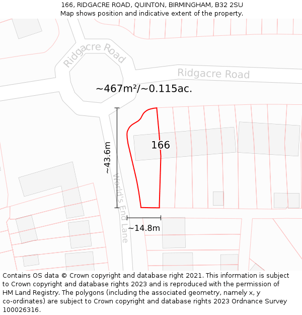 166, RIDGACRE ROAD, QUINTON, BIRMINGHAM, B32 2SU: Plot and title map