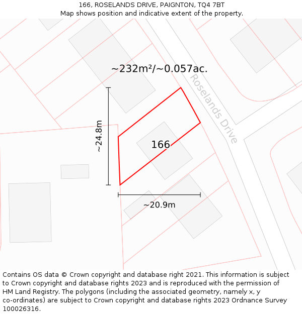 166, ROSELANDS DRIVE, PAIGNTON, TQ4 7BT: Plot and title map