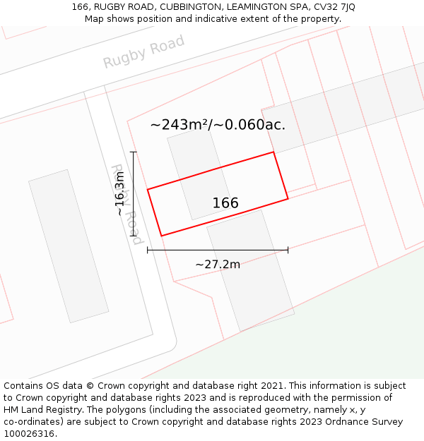 166, RUGBY ROAD, CUBBINGTON, LEAMINGTON SPA, CV32 7JQ: Plot and title map