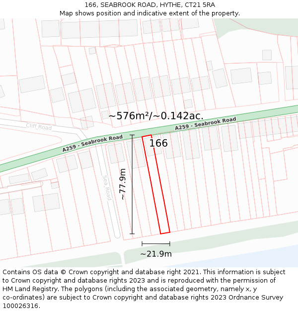 166, SEABROOK ROAD, HYTHE, CT21 5RA: Plot and title map