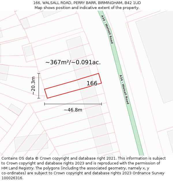 166, WALSALL ROAD, PERRY BARR, BIRMINGHAM, B42 1UD: Plot and title map