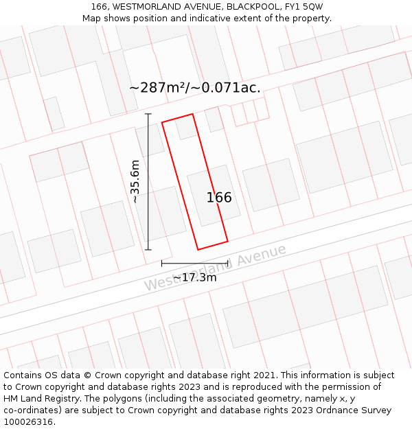 166, WESTMORLAND AVENUE, BLACKPOOL, FY1 5QW: Plot and title map