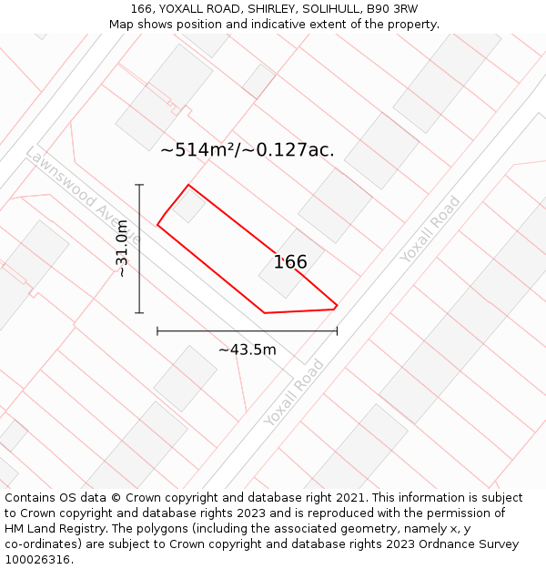 166, YOXALL ROAD, SHIRLEY, SOLIHULL, B90 3RW: Plot and title map