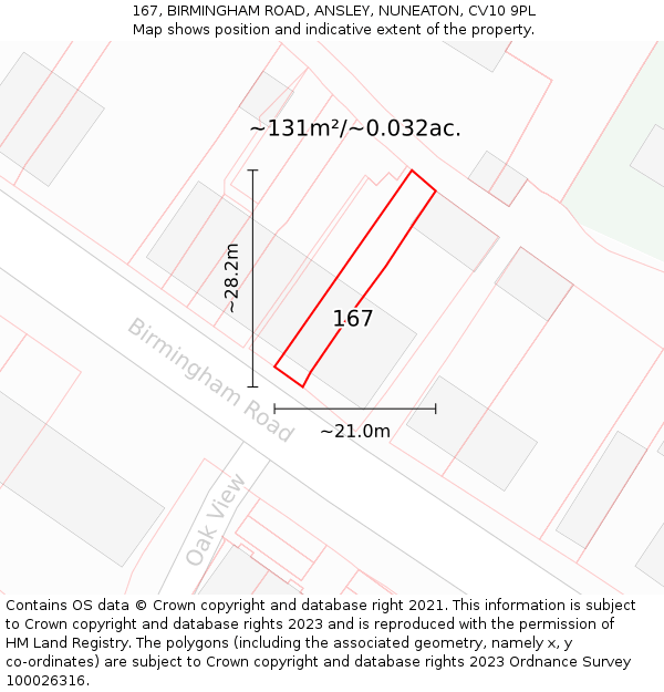 167, BIRMINGHAM ROAD, ANSLEY, NUNEATON, CV10 9PL: Plot and title map