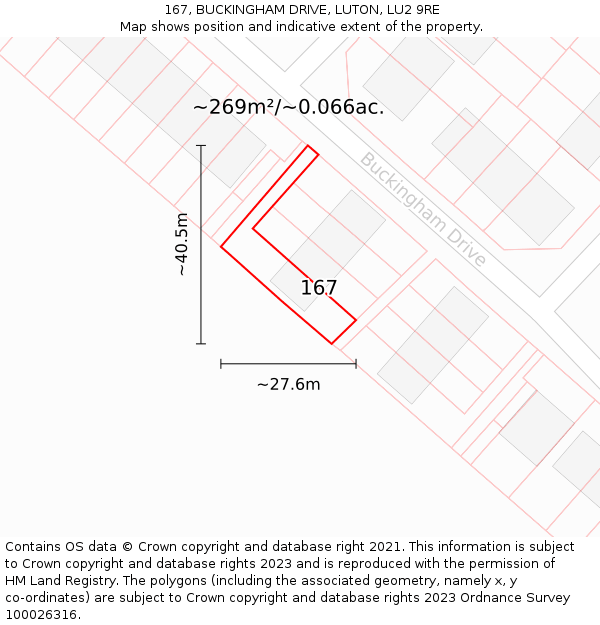 167, BUCKINGHAM DRIVE, LUTON, LU2 9RE: Plot and title map