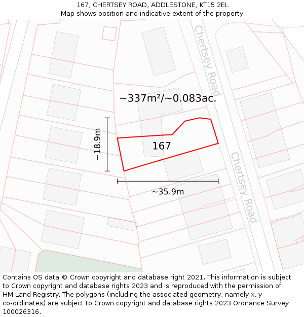 167, CHERTSEY ROAD, ADDLESTONE, KT15 2EL: Plot and title map