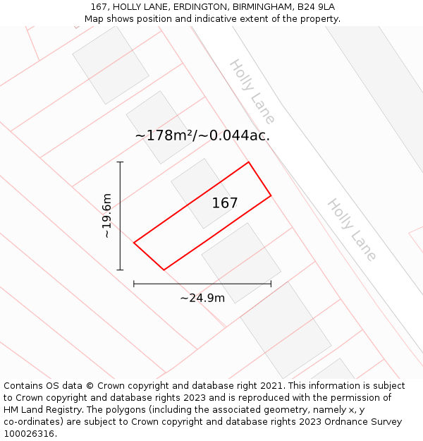 167, HOLLY LANE, ERDINGTON, BIRMINGHAM, B24 9LA: Plot and title map