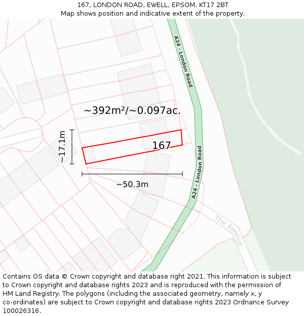 167, LONDON ROAD, EWELL, EPSOM, KT17 2BT: Plot and title map