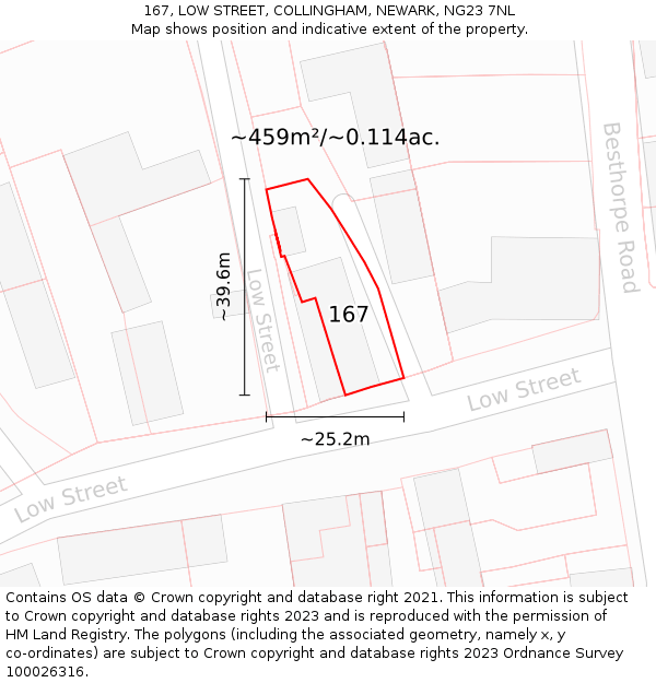 167, LOW STREET, COLLINGHAM, NEWARK, NG23 7NL: Plot and title map