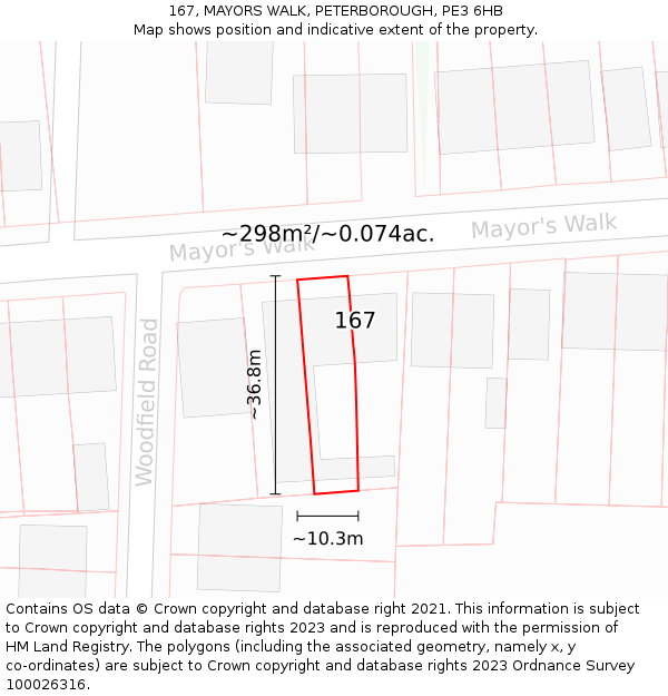 167, MAYORS WALK, PETERBOROUGH, PE3 6HB: Plot and title map