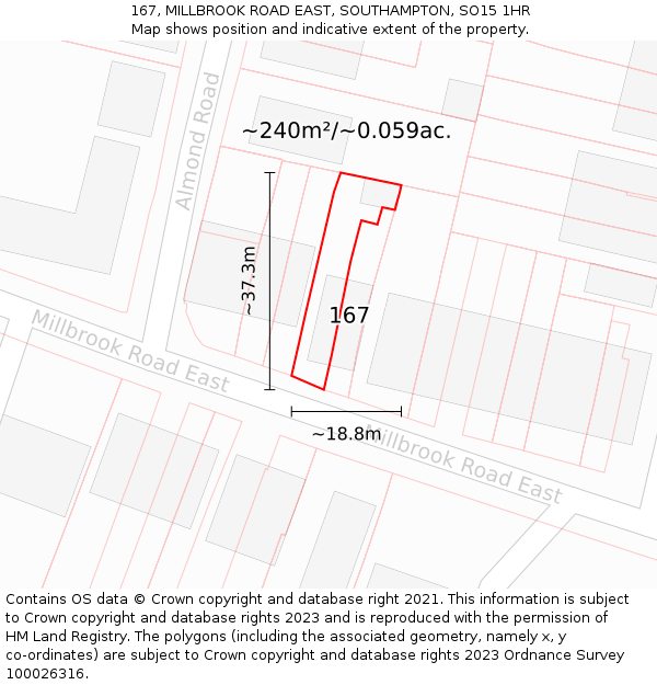 167, MILLBROOK ROAD EAST, SOUTHAMPTON, SO15 1HR: Plot and title map