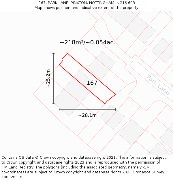 167, PARK LANE, PINXTON, NOTTINGHAM, NG16 6PR: Plot and title map