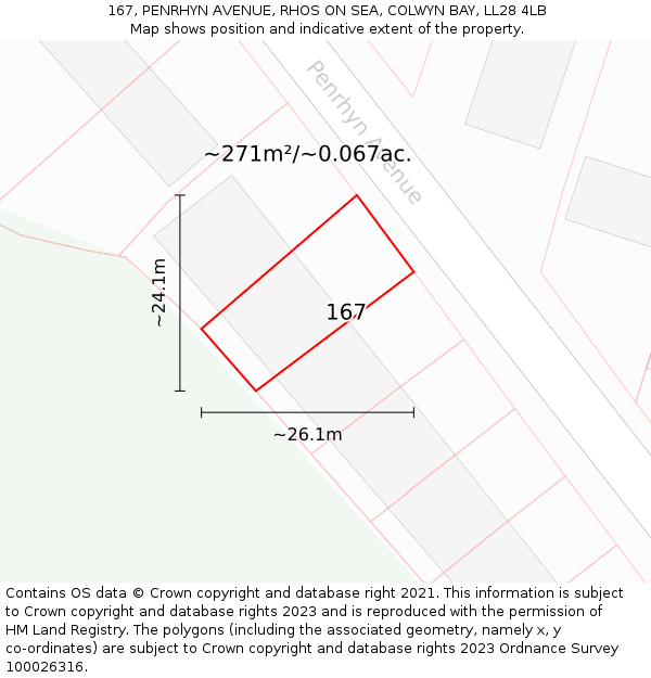 167, PENRHYN AVENUE, RHOS ON SEA, COLWYN BAY, LL28 4LB: Plot and title map