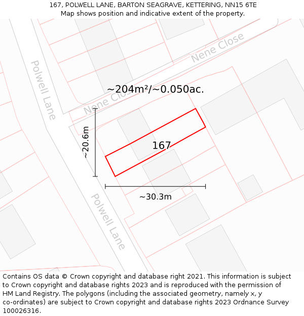 167, POLWELL LANE, BARTON SEAGRAVE, KETTERING, NN15 6TE: Plot and title map