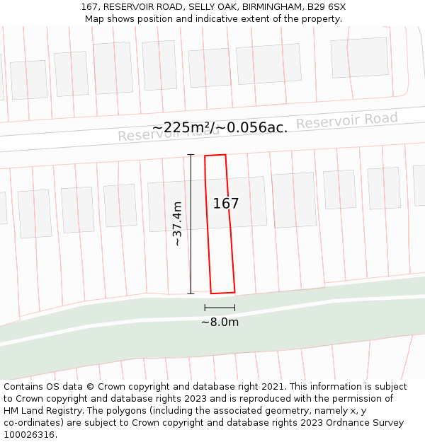 167, RESERVOIR ROAD, SELLY OAK, BIRMINGHAM, B29 6SX: Plot and title map