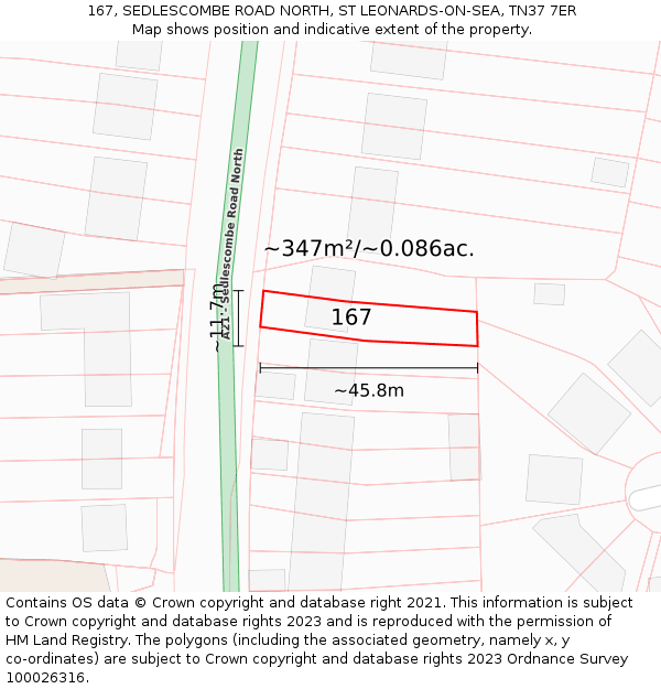 167, SEDLESCOMBE ROAD NORTH, ST LEONARDS-ON-SEA, TN37 7ER: Plot and title map