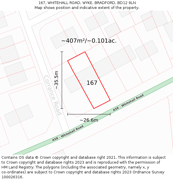 167, WHITEHALL ROAD, WYKE, BRADFORD, BD12 9LN: Plot and title map