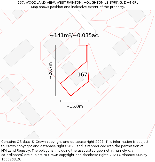 167, WOODLAND VIEW, WEST RAINTON, HOUGHTON LE SPRING, DH4 6RL: Plot and title map