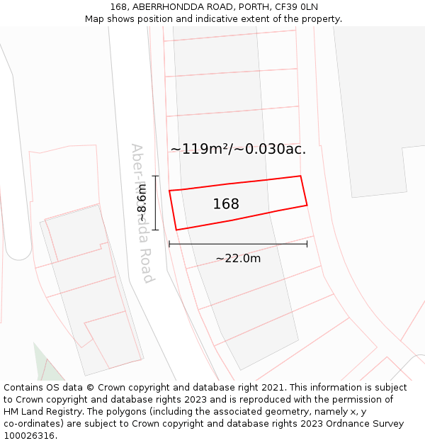 168, ABERRHONDDA ROAD, PORTH, CF39 0LN: Plot and title map