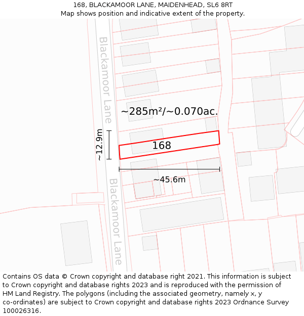 168, BLACKAMOOR LANE, MAIDENHEAD, SL6 8RT: Plot and title map