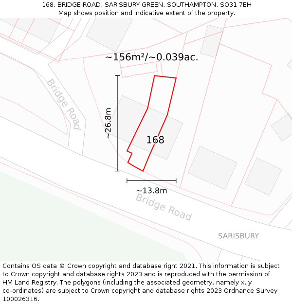 168, BRIDGE ROAD, SARISBURY GREEN, SOUTHAMPTON, SO31 7EH: Plot and title map