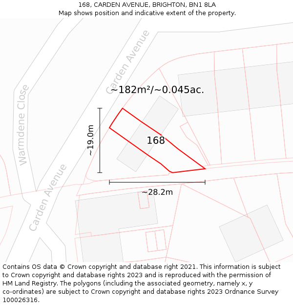 168, CARDEN AVENUE, BRIGHTON, BN1 8LA: Plot and title map