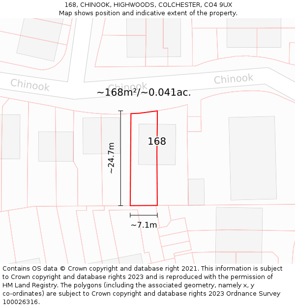 168, CHINOOK, HIGHWOODS, COLCHESTER, CO4 9UX: Plot and title map