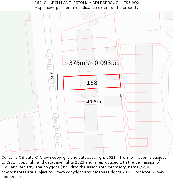 168, CHURCH LANE, ESTON, MIDDLESBROUGH, TS6 9QX: Plot and title map