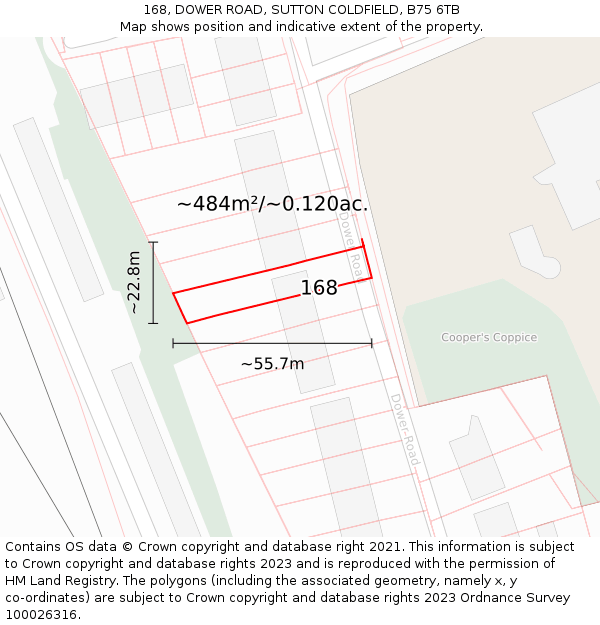 168, DOWER ROAD, SUTTON COLDFIELD, B75 6TB: Plot and title map