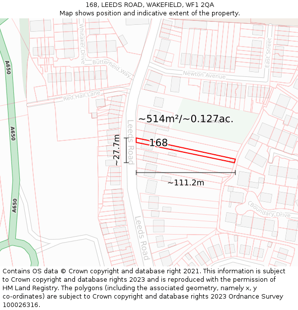 168, LEEDS ROAD, WAKEFIELD, WF1 2QA: Plot and title map