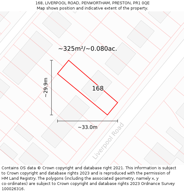 168, LIVERPOOL ROAD, PENWORTHAM, PRESTON, PR1 0QE: Plot and title map