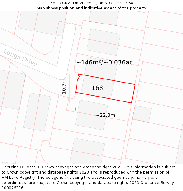 168, LONGS DRIVE, YATE, BRISTOL, BS37 5XR: Plot and title map