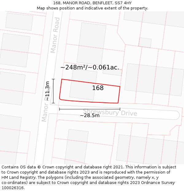 168, MANOR ROAD, BENFLEET, SS7 4HY: Plot and title map