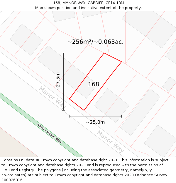 168, MANOR WAY, CARDIFF, CF14 1RN: Plot and title map