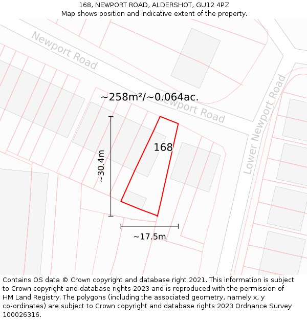 168, NEWPORT ROAD, ALDERSHOT, GU12 4PZ: Plot and title map