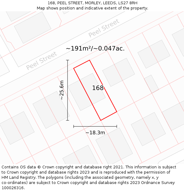 168, PEEL STREET, MORLEY, LEEDS, LS27 8RH: Plot and title map