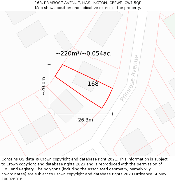 168, PRIMROSE AVENUE, HASLINGTON, CREWE, CW1 5QP: Plot and title map