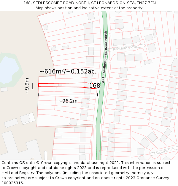 168, SEDLESCOMBE ROAD NORTH, ST LEONARDS-ON-SEA, TN37 7EN: Plot and title map