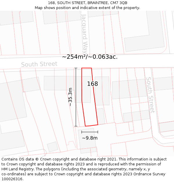 168, SOUTH STREET, BRAINTREE, CM7 3QB: Plot and title map