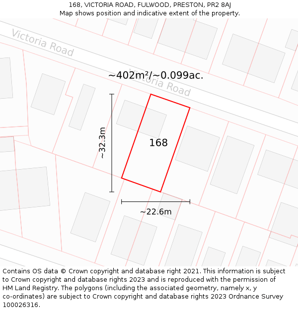 168, VICTORIA ROAD, FULWOOD, PRESTON, PR2 8AJ: Plot and title map